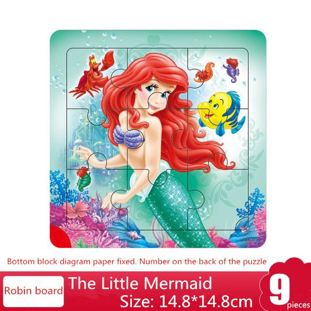 Disney 9/16 Piece Princess Frozen Wooden Box Puzzle Early Education Children Bottom Box Puzzle Toys For Girl birthday present