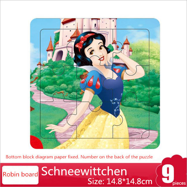 Disney 9/16 Piece Princess Frozen Wooden Box Puzzle Early Education Children Bottom Box Puzzle Toys For Girl birthday present