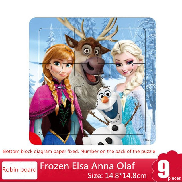 Disney 9/16 Piece Princess Frozen Wooden Box Puzzle Early Education Children Bottom Box Puzzle Toys For Girl birthday present