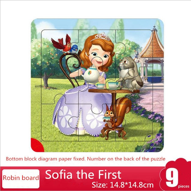Disney 9/16 Piece Princess Frozen Wooden Box Puzzle Early Education Children Bottom Box Puzzle Toys For Girl birthday present