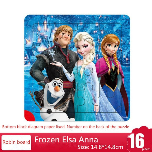 Disney 9/16 Piece Princess Frozen Wooden Box Puzzle Early Education Children Bottom Box Puzzle Toys For Girl birthday present