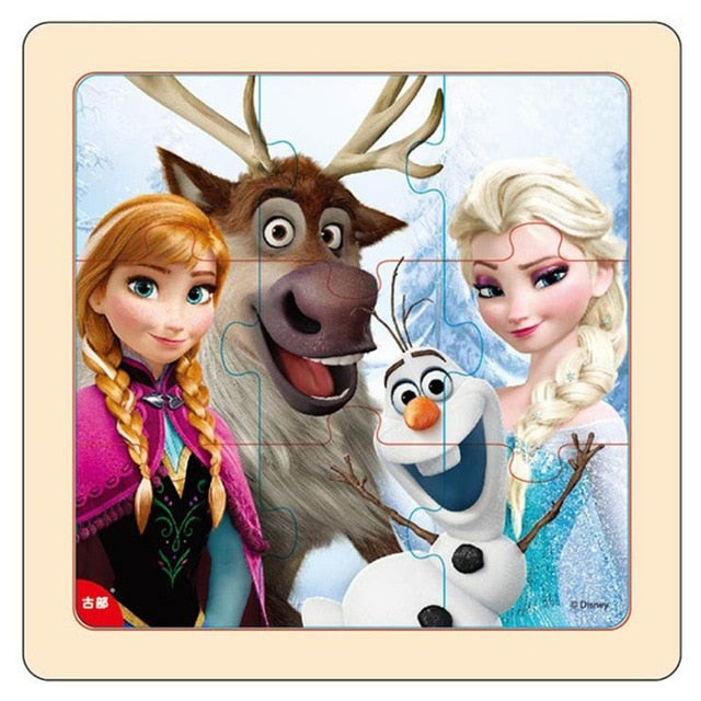Disney 9/16 Piece Princess Frozen Wooden Box Puzzle Early Education Children Bottom Box Puzzle Toys For Girl birthday present