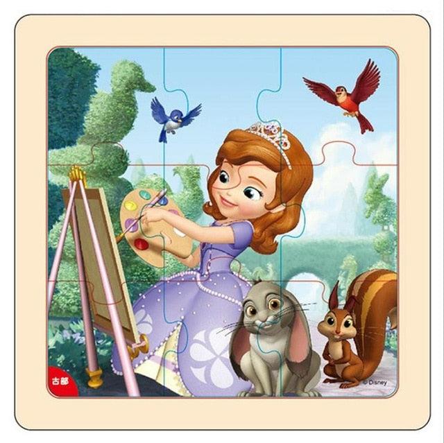 Disney 9/16 Piece Princess Frozen Wooden Box Puzzle Early Education Children Bottom Box Puzzle Toys For Girl birthday present