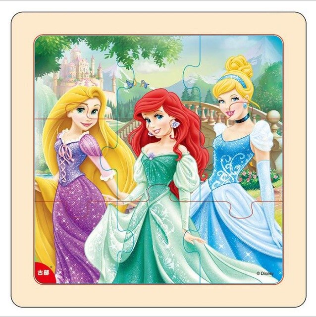 Disney 9/16 Piece Princess Frozen Wooden Box Puzzle Early Education Children Bottom Box Puzzle Toys For Girl birthday present