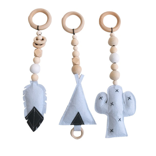 3PCS/Set Baby Rattle Toys Nordic Style Wooden Rattle Ring Beads Play Toy Stroller Hanging Toys Newborn Infant Gift