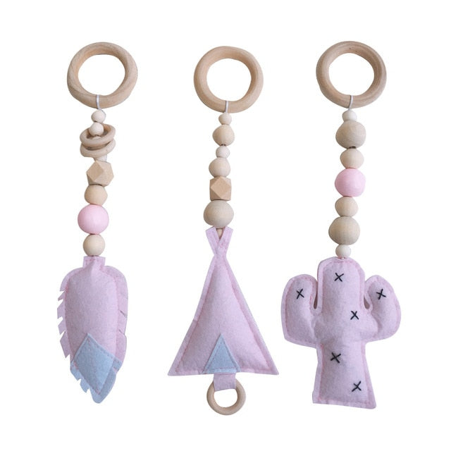 3PCS/Set Baby Rattle Toys Nordic Style Wooden Rattle Ring Beads Play Toy Stroller Hanging Toys Newborn Infant Gift