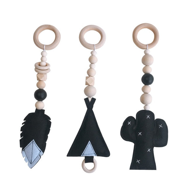 3PCS/Set Baby Rattle Toys Nordic Style Wooden Rattle Ring Beads Play Toy Stroller Hanging Toys Newborn Infant Gift