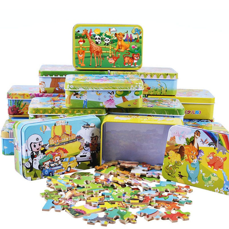DIY Creative 60 Pieces Wooden Puzzle Cartoon Animal Jigsaw Iron Box Early Educational Learning Toys Gifts For Children Kids Baby