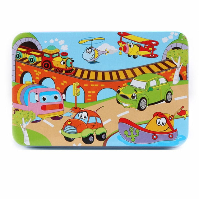 DIY Creative 60 Pieces Wooden Puzzle Cartoon Animal Jigsaw Iron Box Early Educational Learning Toys Gifts For Children Kids Baby