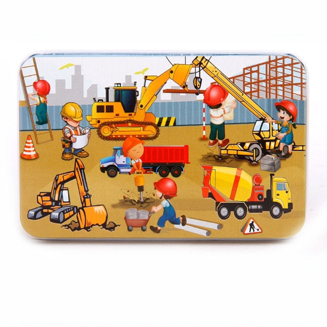 DIY Creative 60 Pieces Wooden Puzzle Cartoon Animal Jigsaw Iron Box Early Educational Learning Toys Gifts For Children Kids Baby