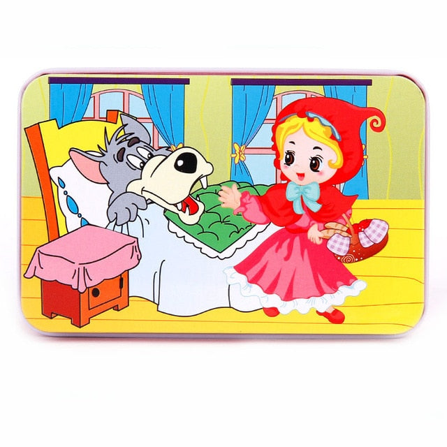 DIY Creative 60 Pieces Wooden Puzzle Cartoon Animal Jigsaw Iron Box Early Educational Learning Toys Gifts For Children Kids Baby