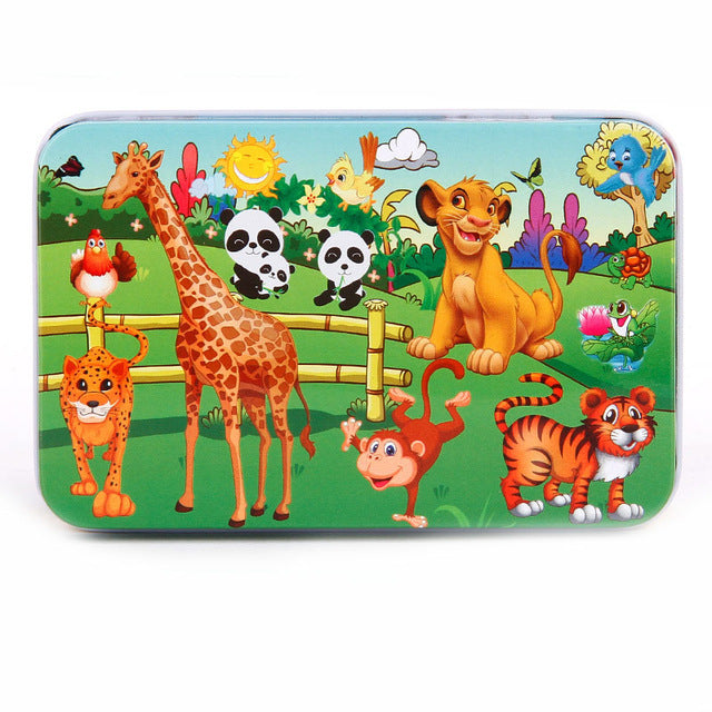 DIY Creative 60 Pieces Wooden Puzzle Cartoon Animal Jigsaw Iron Box Early Educational Learning Toys Gifts For Children Kids Baby