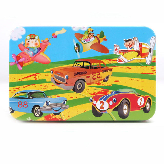 DIY Creative 60 Pieces Wooden Puzzle Cartoon Animal Jigsaw Iron Box Early Educational Learning Toys Gifts For Children Kids Baby