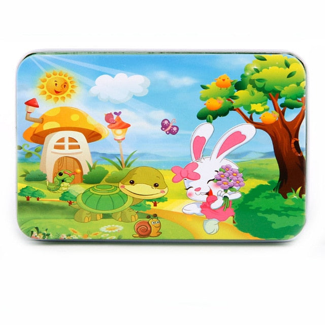DIY Creative 60 Pieces Wooden Puzzle Cartoon Animal Jigsaw Iron Box Early Educational Learning Toys Gifts For Children Kids Baby