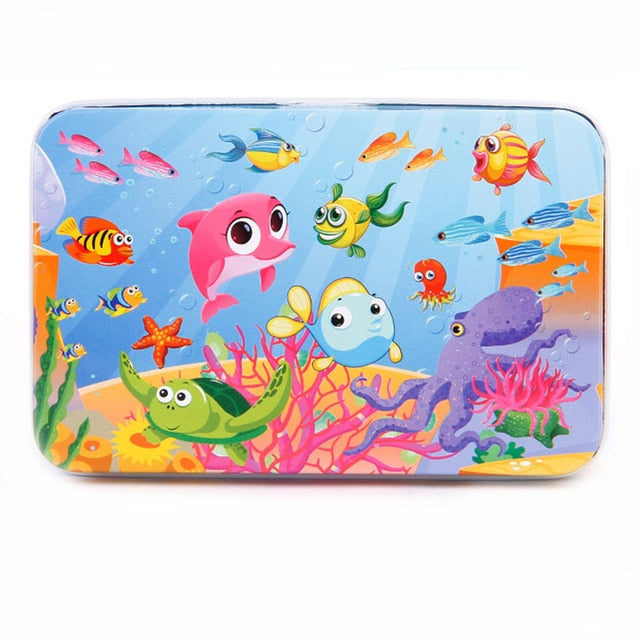 DIY Creative 60 Pieces Wooden Puzzle Cartoon Animal Jigsaw Iron Box Early Educational Learning Toys Gifts For Children Kids Baby