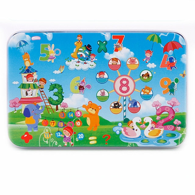 DIY Creative 60 Pieces Wooden Puzzle Cartoon Animal Jigsaw Iron Box Early Educational Learning Toys Gifts For Children Kids Baby