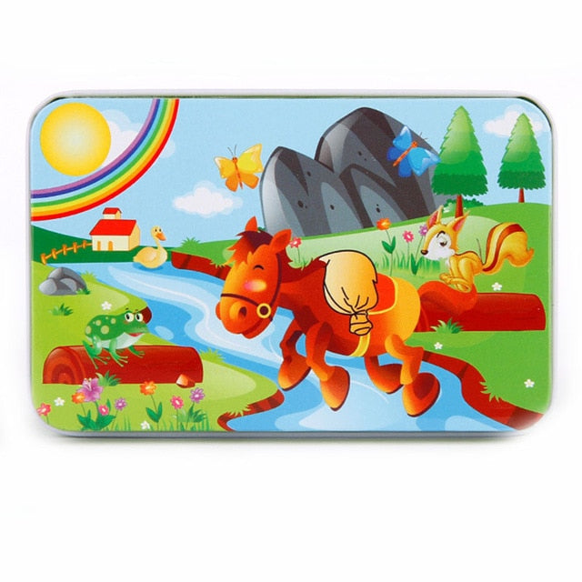 DIY Creative 60 Pieces Wooden Puzzle Cartoon Animal Jigsaw Iron Box Early Educational Learning Toys Gifts For Children Kids Baby