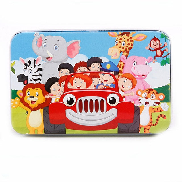 DIY Creative 60 Pieces Wooden Puzzle Cartoon Animal Jigsaw Iron Box Early Educational Learning Toys Gifts For Children Kids Baby