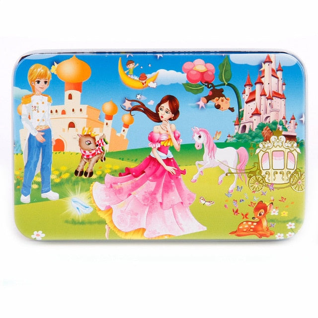 DIY Creative 60 Pieces Wooden Puzzle Cartoon Animal Jigsaw Iron Box Early Educational Learning Toys Gifts For Children Kids Baby