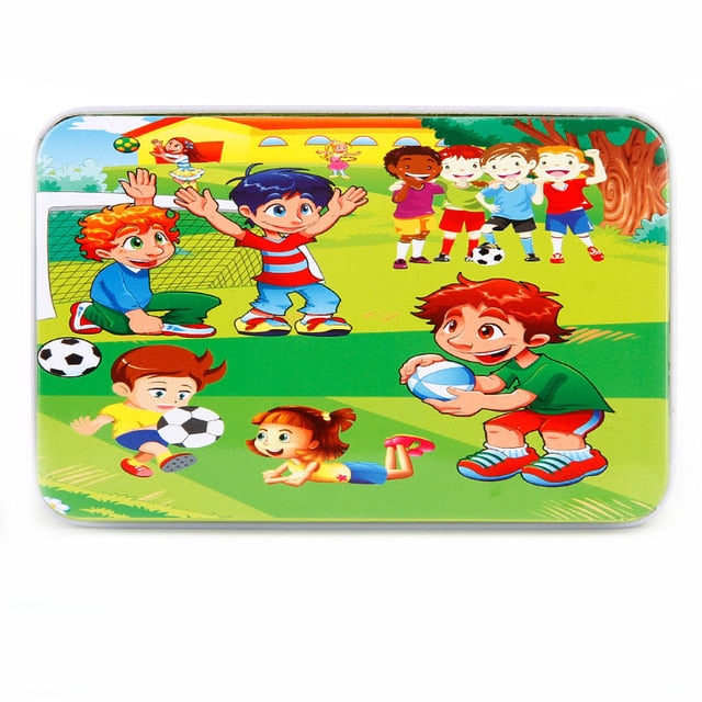 DIY Creative 60 Pieces Wooden Puzzle Cartoon Animal Jigsaw Iron Box Early Educational Learning Toys Gifts For Children Kids Baby