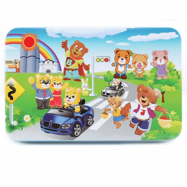 DIY Creative 60 Pieces Wooden Puzzle Cartoon Animal Jigsaw Iron Box Early Educational Learning Toys Gifts For Children Kids Baby
