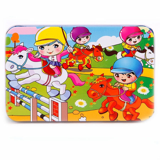 DIY Creative 60 Pieces Wooden Puzzle Cartoon Animal Jigsaw Iron Box Early Educational Learning Toys Gifts For Children Kids Baby
