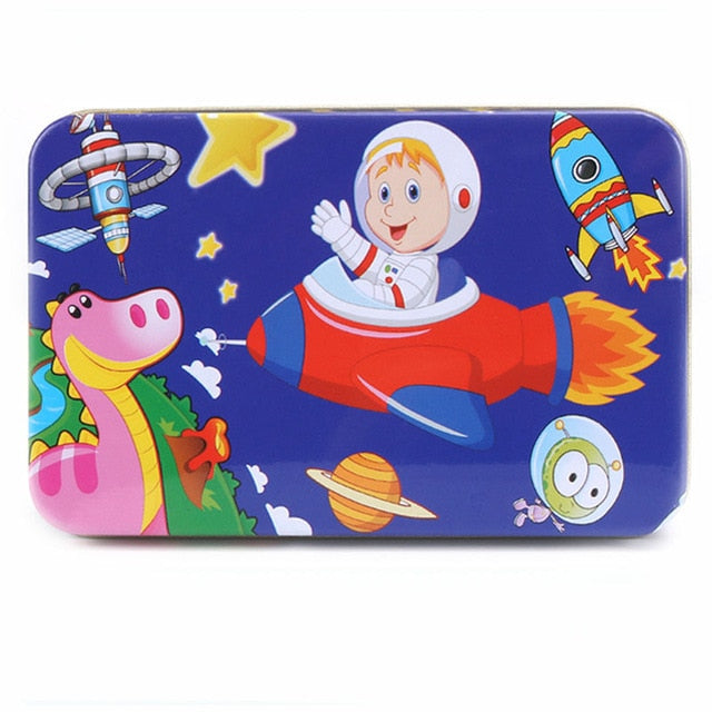 DIY Creative 60 Pieces Wooden Puzzle Cartoon Animal Jigsaw Iron Box Early Educational Learning Toys Gifts For Children Kids Baby
