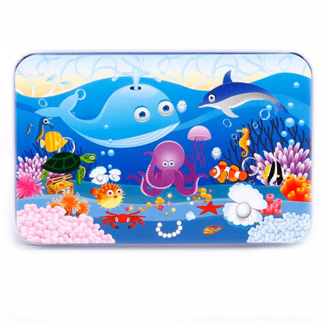 DIY Creative 60 Pieces Wooden Puzzle Cartoon Animal Jigsaw Iron Box Early Educational Learning Toys Gifts For Children Kids Baby