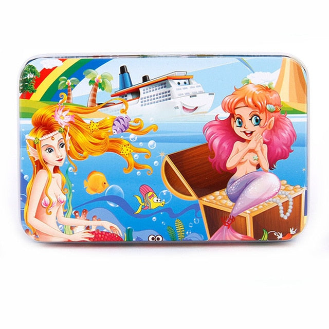 DIY Creative 60 Pieces Wooden Puzzle Cartoon Animal Jigsaw Iron Box Early Educational Learning Toys Gifts For Children Kids Baby