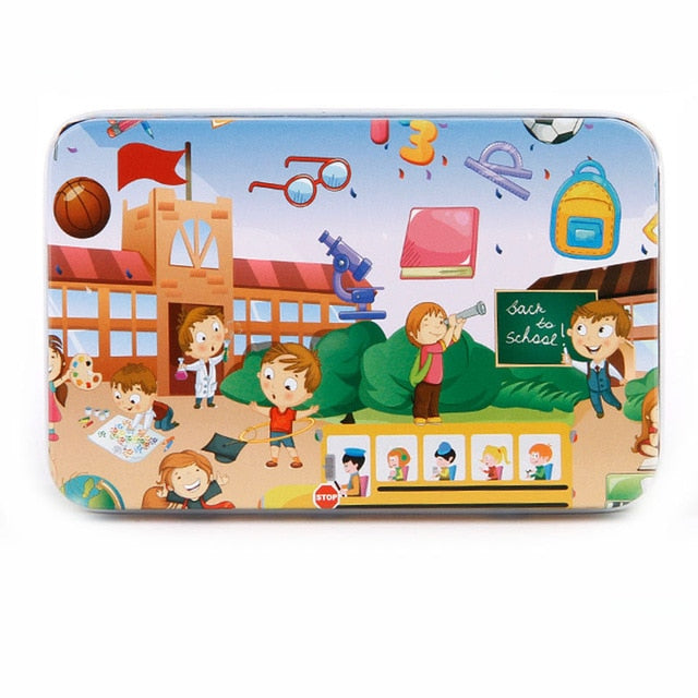 DIY Creative 60 Pieces Wooden Puzzle Cartoon Animal Jigsaw Iron Box Early Educational Learning Toys Gifts For Children Kids Baby