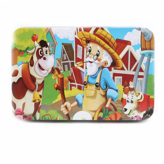 DIY Creative 60 Pieces Wooden Puzzle Cartoon Animal Jigsaw Iron Box Early Educational Learning Toys Gifts For Children Kids Baby