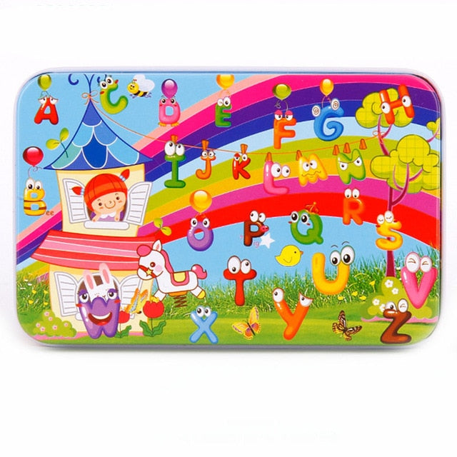 DIY Creative 60 Pieces Wooden Puzzle Cartoon Animal Jigsaw Iron Box Early Educational Learning Toys Gifts For Children Kids Baby