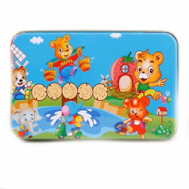 DIY Creative 60 Pieces Wooden Puzzle Cartoon Animal Jigsaw Iron Box Early Educational Learning Toys Gifts For Children Kids Baby