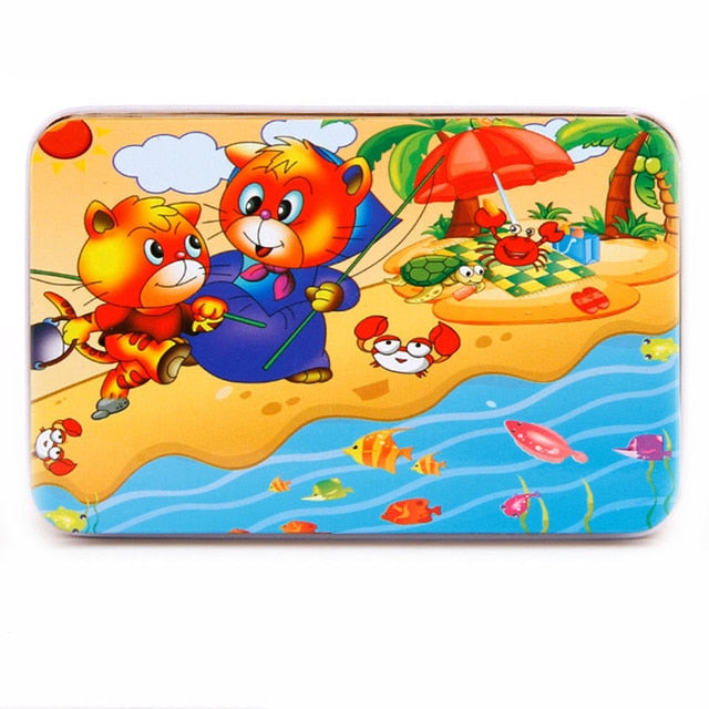 DIY Creative 60 Pieces Wooden Puzzle Cartoon Animal Jigsaw Iron Box Early Educational Learning Toys Gifts For Children Kids Baby