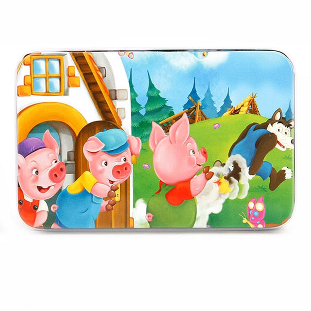 DIY Creative 60 Pieces Wooden Puzzle Cartoon Animal Jigsaw Iron Box Early Educational Learning Toys Gifts For Children Kids Baby