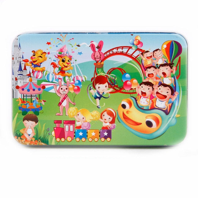 DIY Creative 60 Pieces Wooden Puzzle Cartoon Animal Jigsaw Iron Box Early Educational Learning Toys Gifts For Children Kids Baby