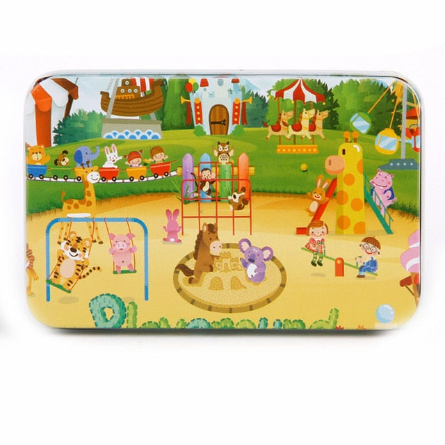 DIY Creative 60 Pieces Wooden Puzzle Cartoon Animal Jigsaw Iron Box Early Educational Learning Toys Gifts For Children Kids Baby