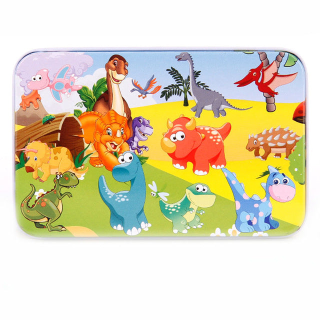 DIY Creative 60 Pieces Wooden Puzzle Cartoon Animal Jigsaw Iron Box Early Educational Learning Toys Gifts For Children Kids Baby