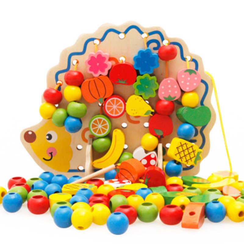Montessori Educational Toys 82Pcs Wooden Fruits Vegetables Lacing Stringing Beads Toys With Hedgehog Board For Kids Juguetes