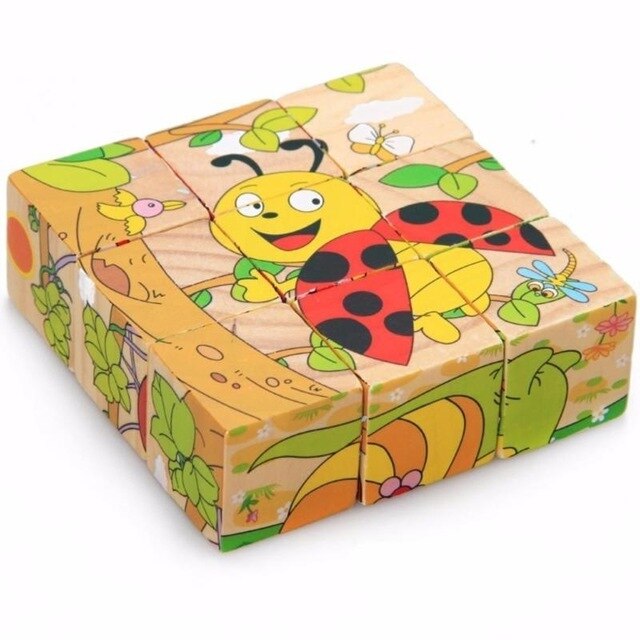 Wooden 3D Puzzle Toys Cube Jigsaw Baby Kids Games Early Educational Toy Cube Puzzles Animals Education Learning for Toddler Toys