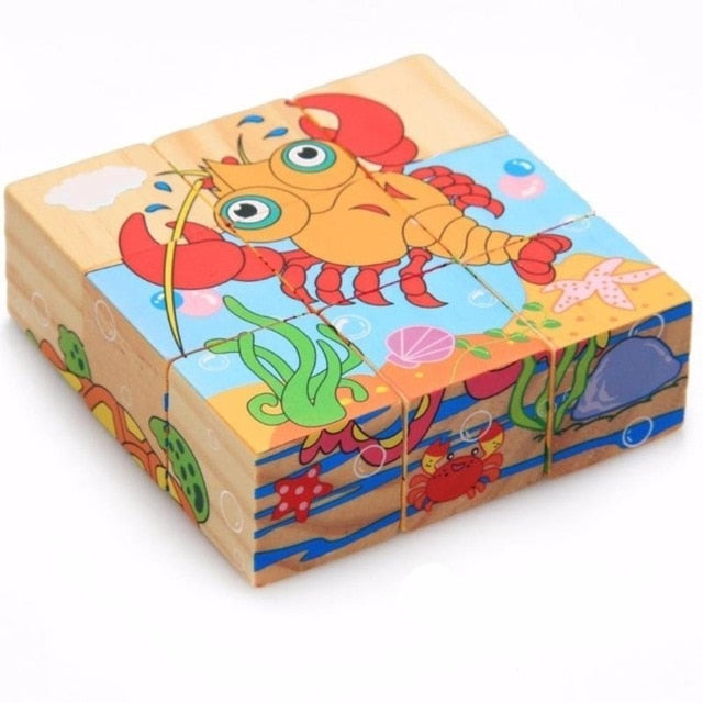 Wooden 3D Puzzle Toys Cube Jigsaw Baby Kids Games Early Educational Toy Cube Puzzles Animals Education Learning for Toddler Toys