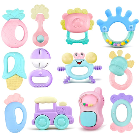 0-12 Months Baby Grasp Rattles Toy Rubber Cartoon Mobiles Teether Toys Newborn Plastic Music Hand Jingle Shaking Bells Hammer