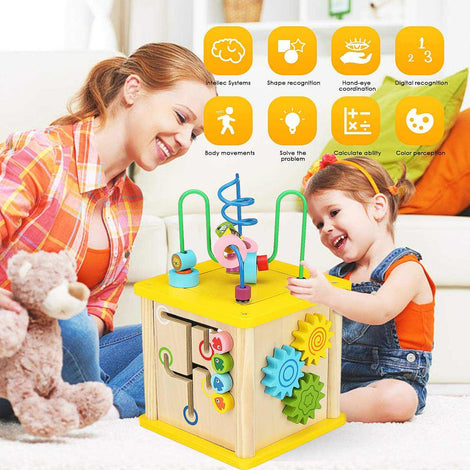 Wooden Activity Cube 5 in 1 Bead Maze Multipurpose Educational Toy Wood Shape Color Sorter for Kids