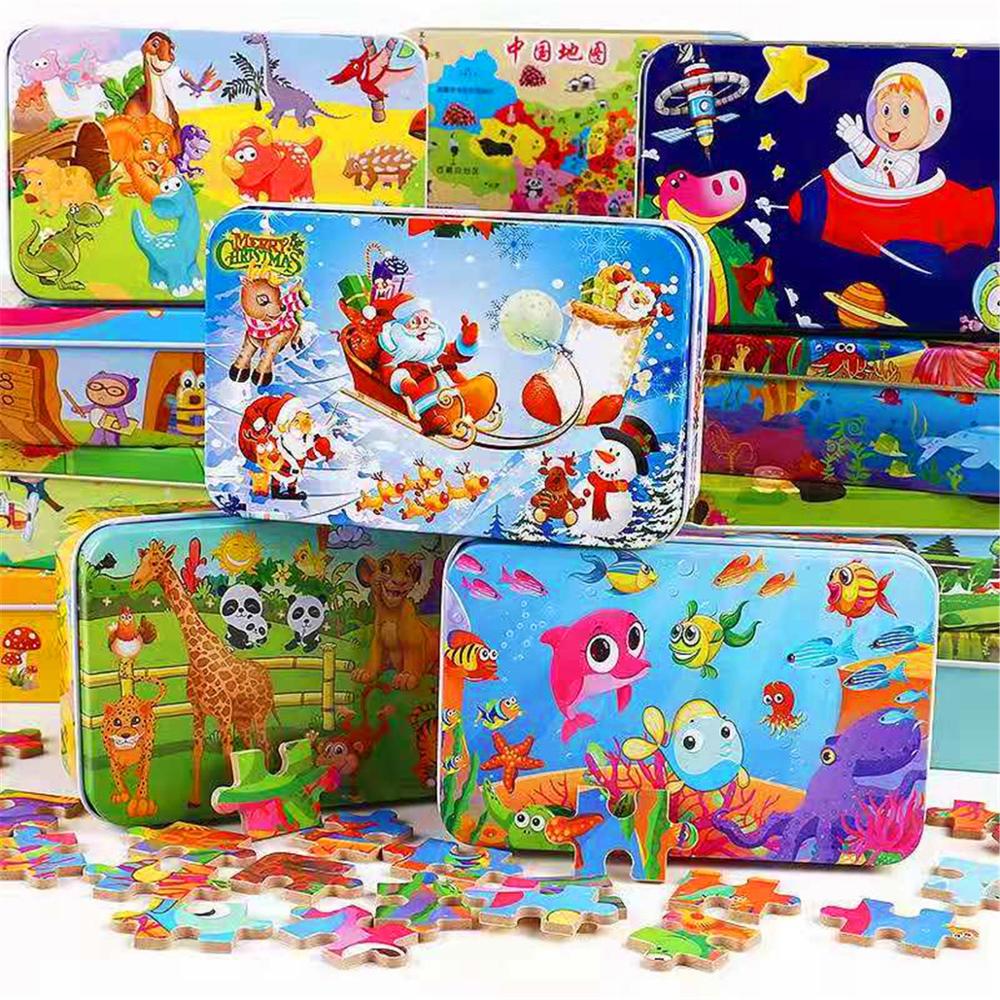 60Pieces Wooden Puzzle Kid Toy Cartoon Animal Wood Jigsaw Puzzle Child Early Educational Learning Toy  Christmas Gift+ Iron Box