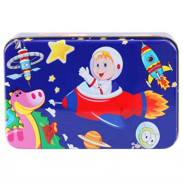 60Pieces Wooden Puzzle Kid Toy Cartoon Animal Wood Jigsaw Puzzle Child Early Educational Learning Toy  Christmas Gift+ Iron Box