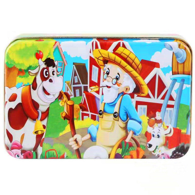 60Pieces Wooden Puzzle Kid Toy Cartoon Animal Wood Jigsaw Puzzle Child Early Educational Learning Toy  Christmas Gift+ Iron Box