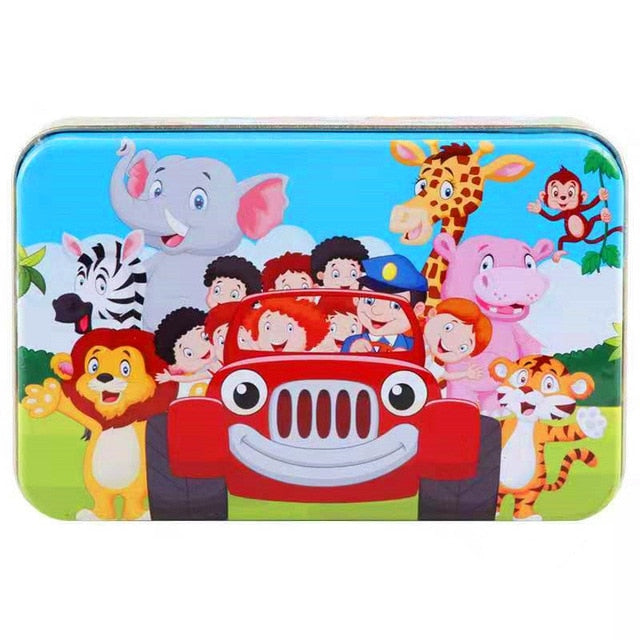 60Pieces Wooden Puzzle Kid Toy Cartoon Animal Wood Jigsaw Puzzle Child Early Educational Learning Toy  Christmas Gift+ Iron Box