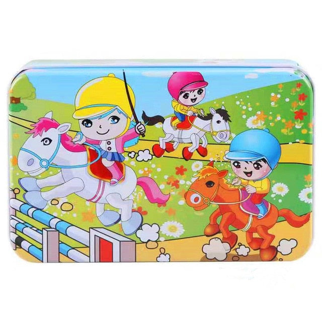 60Pieces Wooden Puzzle Kid Toy Cartoon Animal Wood Jigsaw Puzzle Child Early Educational Learning Toy  Christmas Gift+ Iron Box