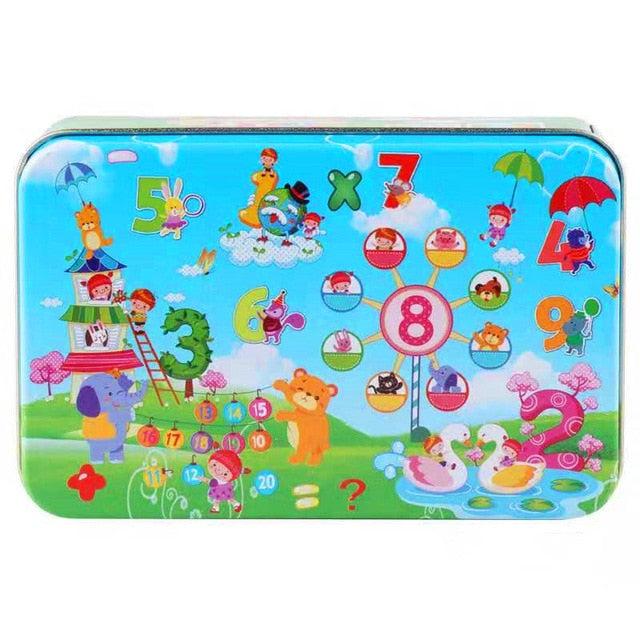 60Pieces Wooden Puzzle Kid Toy Cartoon Animal Wood Jigsaw Puzzle Child Early Educational Learning Toy  Christmas Gift+ Iron Box
