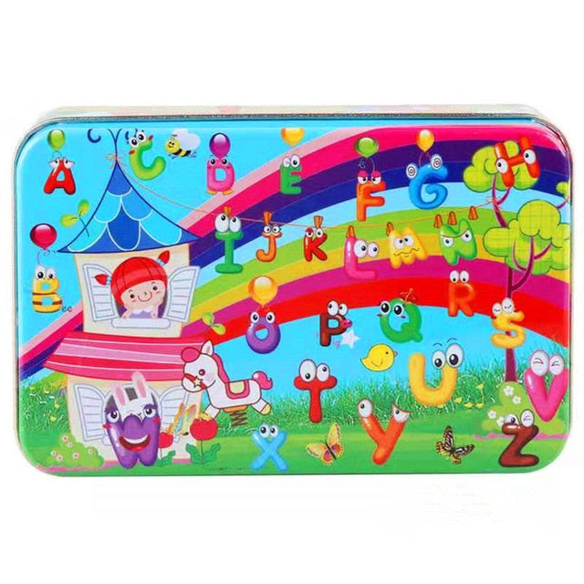 60Pieces Wooden Puzzle Kid Toy Cartoon Animal Wood Jigsaw Puzzle Child Early Educational Learning Toy  Christmas Gift+ Iron Box